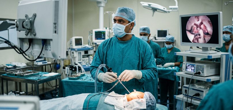 Indian neurosurgical team performing endoscopic third ventriculostomy ETV for hydrocephalus