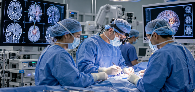 Advanced microneurosurgical team operating under high-magnification surgical loupes with 3D neuronavigation