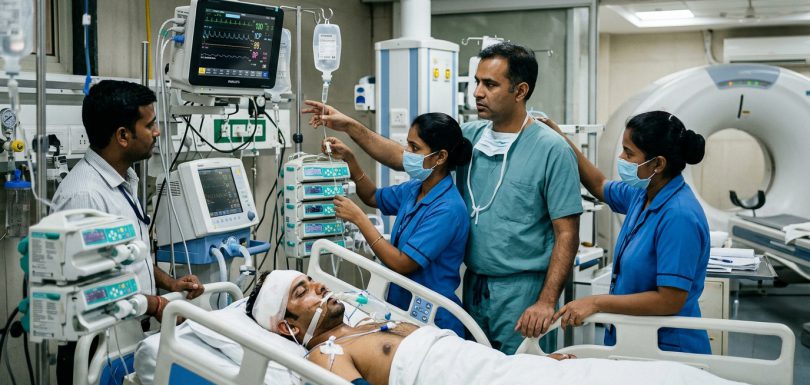 Emergency neuro-trauma team managing spine injury patient with cervical collar and advanced monitors