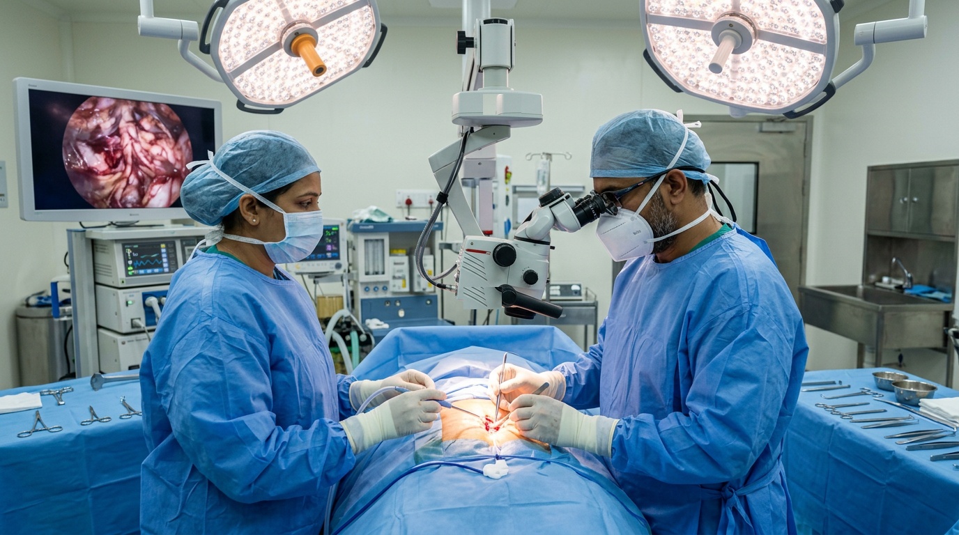 Indian spine surgeons performing microsurgical spinal tumor resection with surgical operating microscope