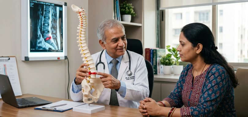 Senior Indian spine surgeon in white coat explaining human lumbar spine model to an Indian woman patient